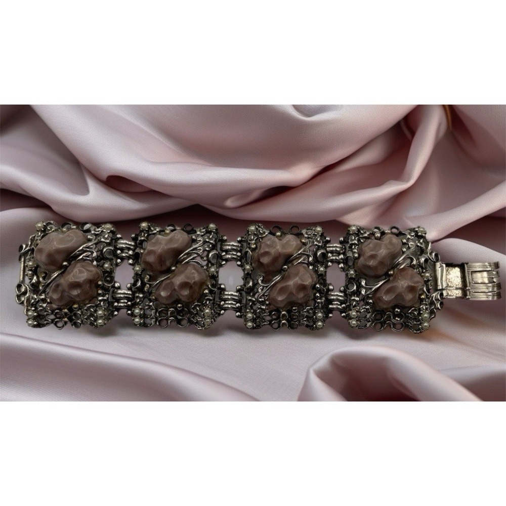Vintage Unsigned Selro Selini Chunky Brown Thermoset Lucite Bracelet Paneled